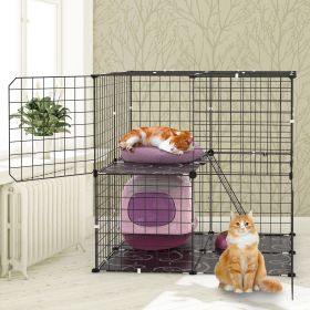 2Tier Cat Cage Playpen Indoor Pet Enclosures Kitten Kennel House Detachable Cat Crate with Climbing Ladder 2 Doors for 1-2 Cats for Ferret Squirr (Color: Black)